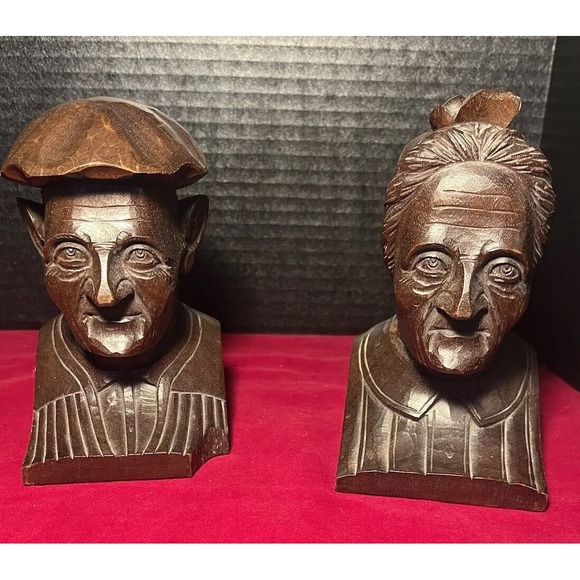Vtg‎ French Spanish Basque Carved Wood Folk Art Old Man And Woman Bookends Bust